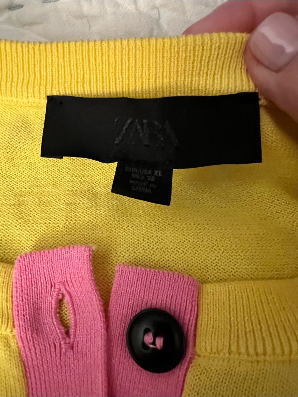 Zara Yellow Cardigan with Pink Trim and Black Buttons - Picture 2 of 6